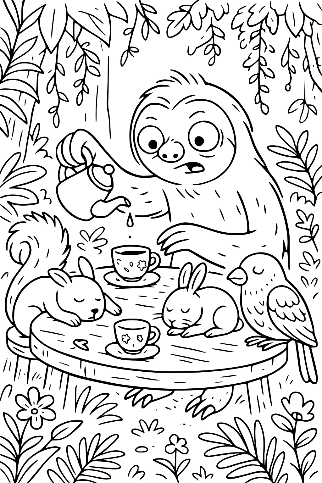Sloth pouring tea at a forest table while squirrel, bunny, and bird sleep.