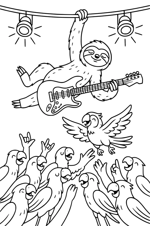 Free Sloth Coloring Page - Rock Concert Guitar Solo (Printable PDF)