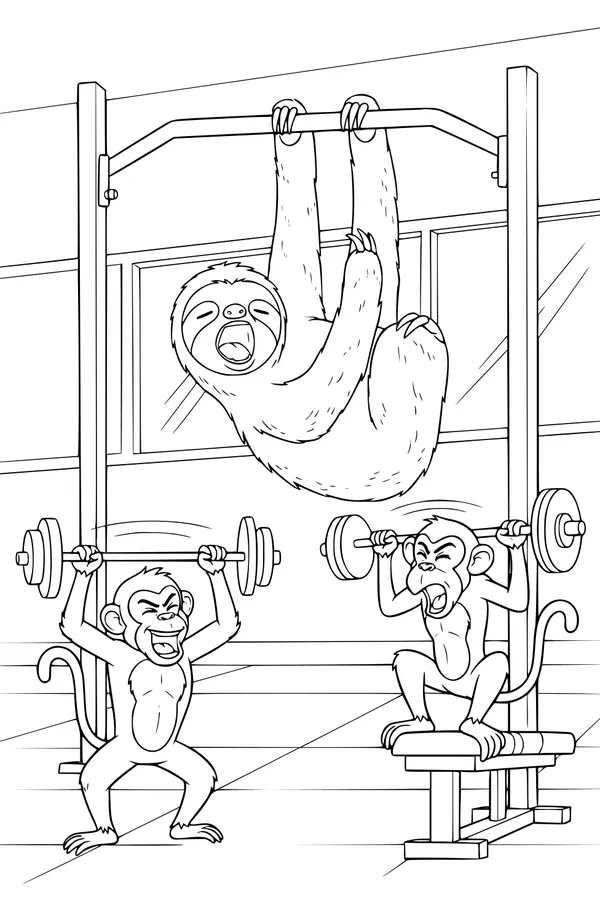 Free Sloth Coloring Page - Yawning Sloth at Monkey Gym (Printable PDF)