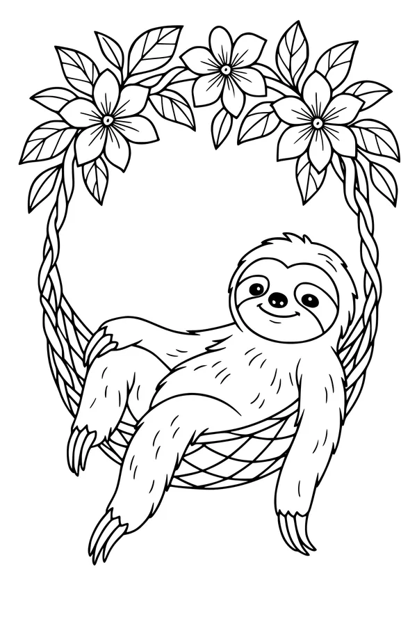 Free Sloth Coloring Page - Relaxing in a Flower Vine Hammock (Printable PDF)