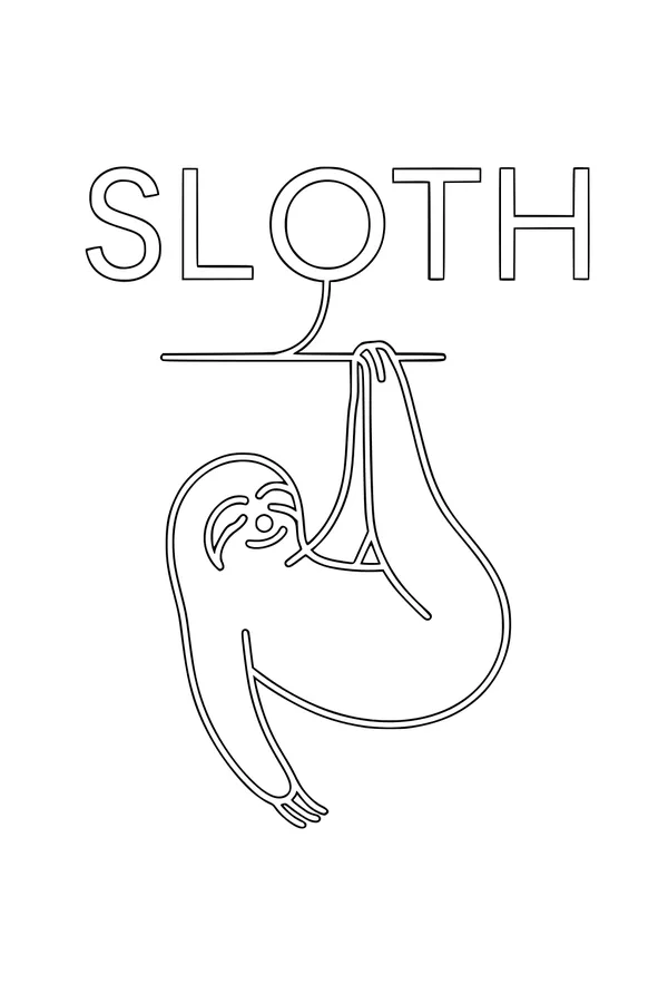 Free Sloth Coloring Page - Swinging Jungle Sloth With Bubble Letters (Printable PDF)