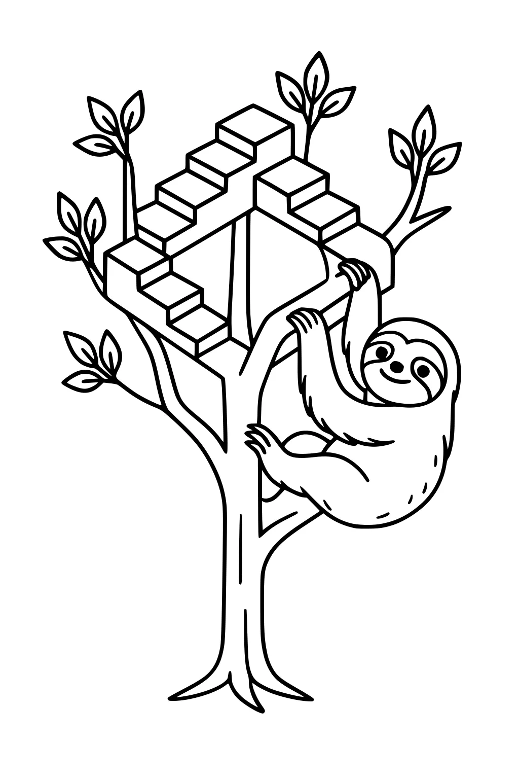 Sloth hanging on a tree with leaves and an impossible staircase coming out of the branches.