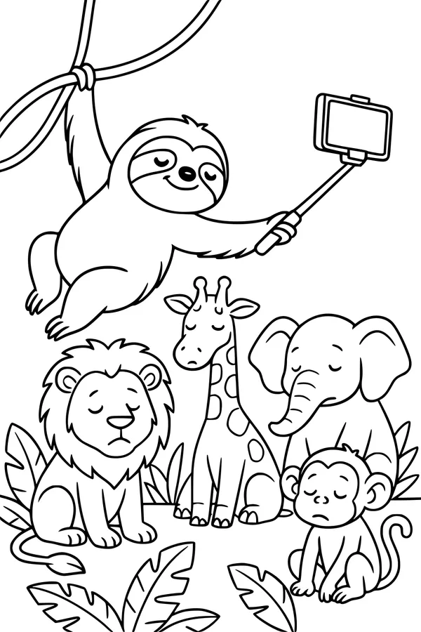 Free Sloth Coloring Page - Silly Jungle Selfie With Animal Friends (Printable PDF)