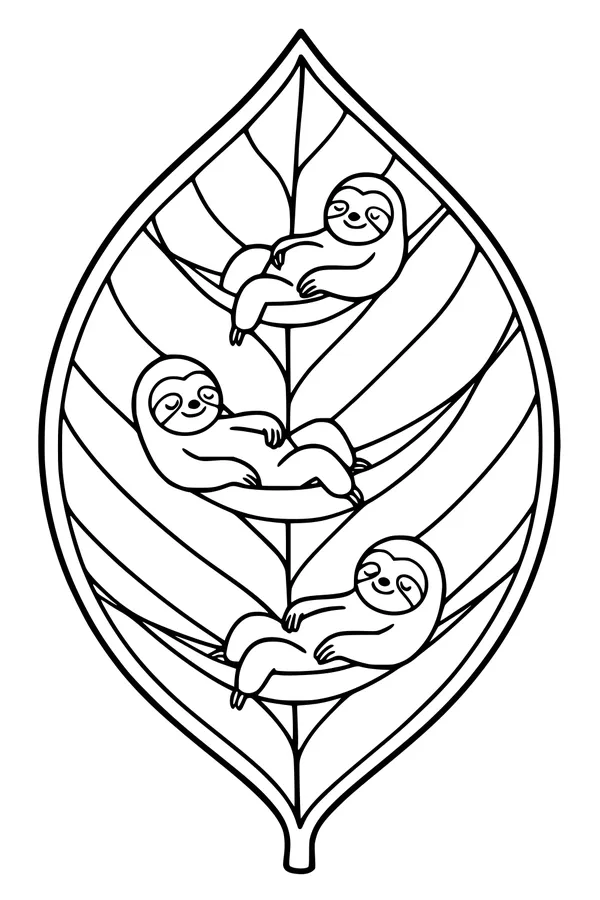 Free Sloth Coloring Page - Three Sleepy Sloths on a Giant Leaf (Printable PDF)