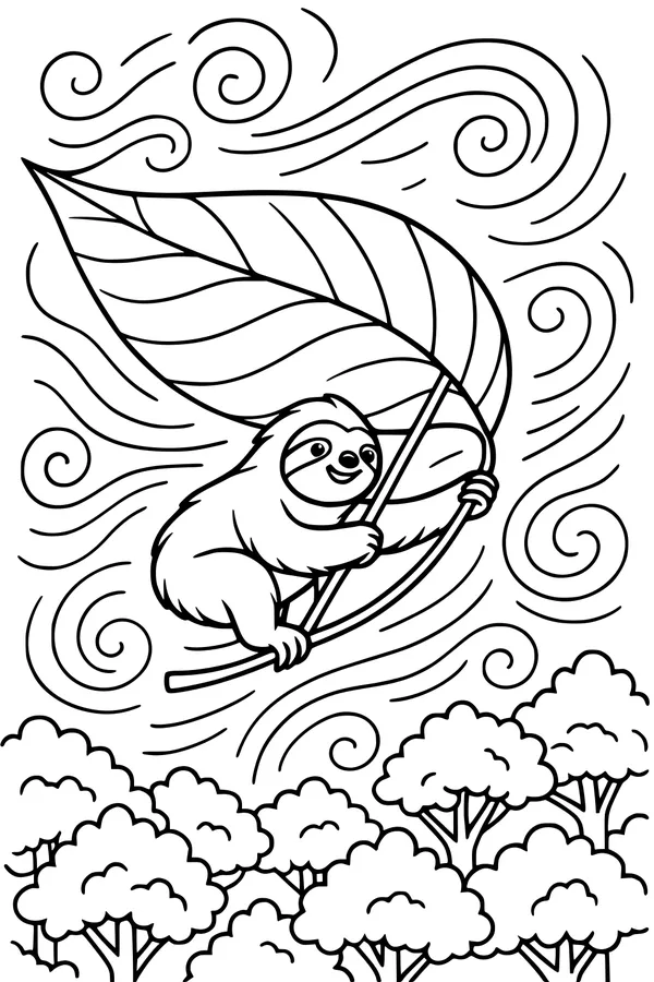 Free Sloth Coloring Page - Smiling Sloth Riding a Giant Leaf (Printable PDF)