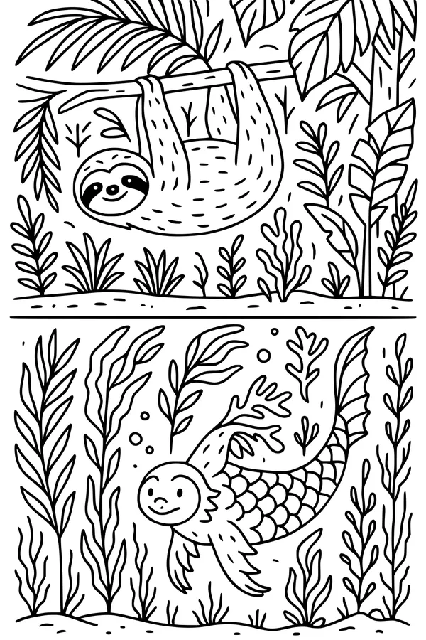 Free Sloth Coloring Page - Jungle Tree And Mermaid Sloth (Printable PDF)