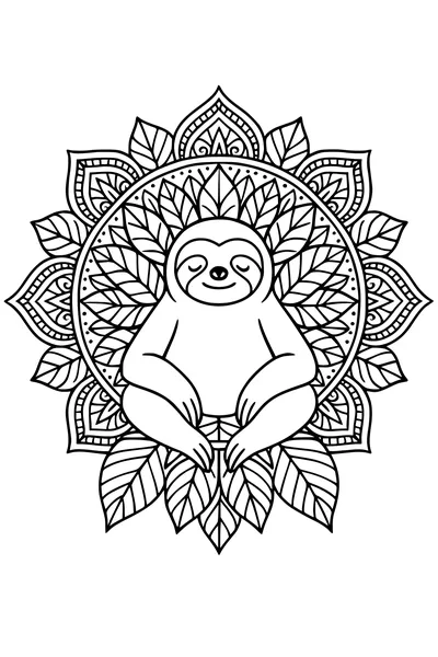 Free Sloth Coloring Page - Sleepy Sloth on Leafy Mandala (Printable PDF)