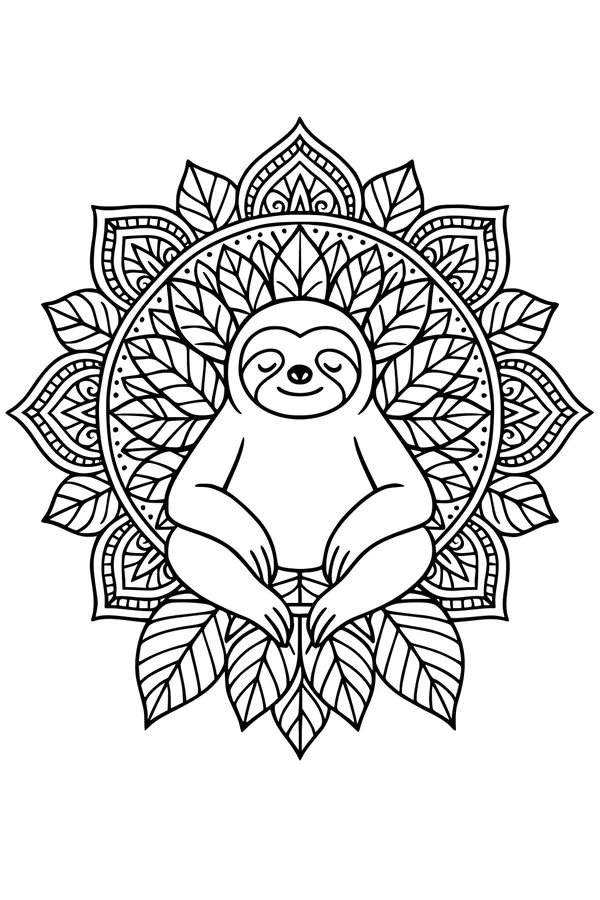 Free Sloth Coloring Page - Sleepy Sloth on Leafy Mandala (Printable PDF)