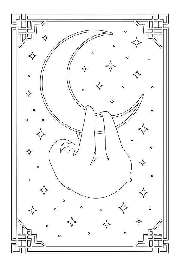 Free Sloth Coloring Page - Sleepy Sloth Hanging From Crescent Moon (Printable PDF)
