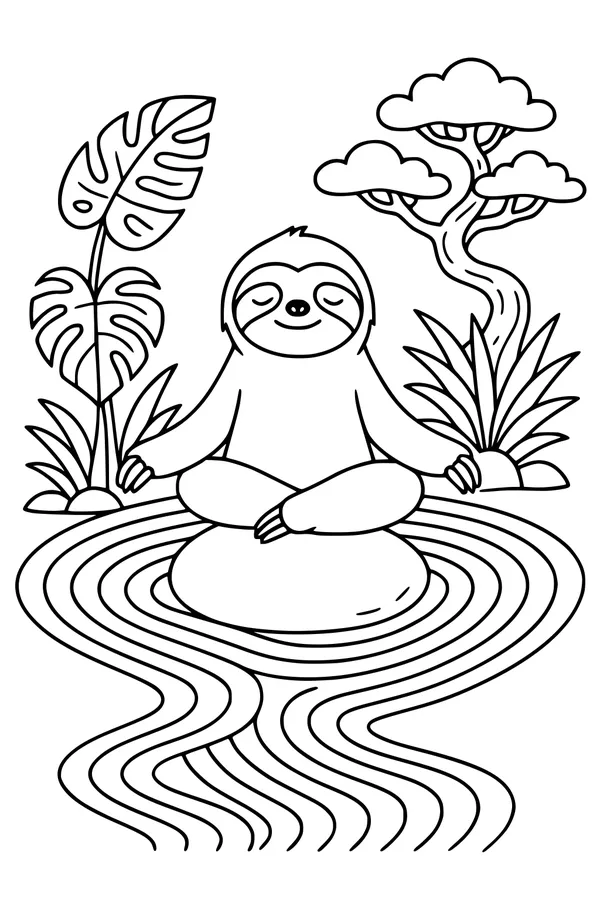 Free Sloth Coloring Page - Meditating by a Jungle River (Printable PDF)