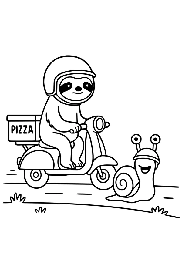 Free Sloth Coloring Page - Pizza Delivery on a Scooter with Snail Friend (Printable PDF)