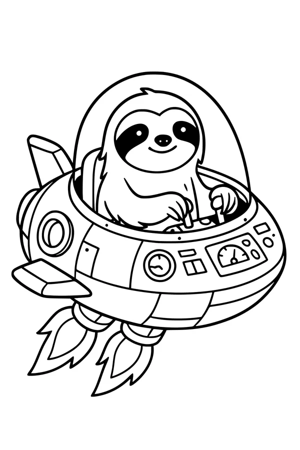 Free Sloth Coloring Page - Silly Sloth in a Space Rocket (Printable PDF)