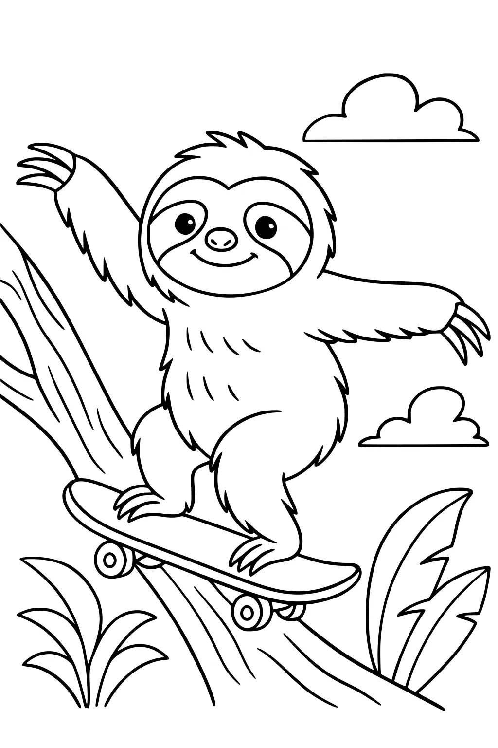 A happy sloth rides a skateboard down a tree with plants and two clouds in the background.