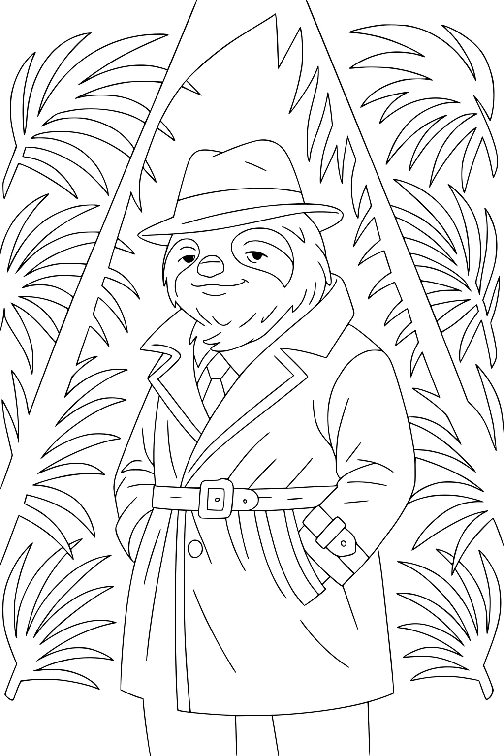 A sloth stands in a trench coat and hat, smiling, surrounded by palm leaves and a jagged doorway shape in the background.