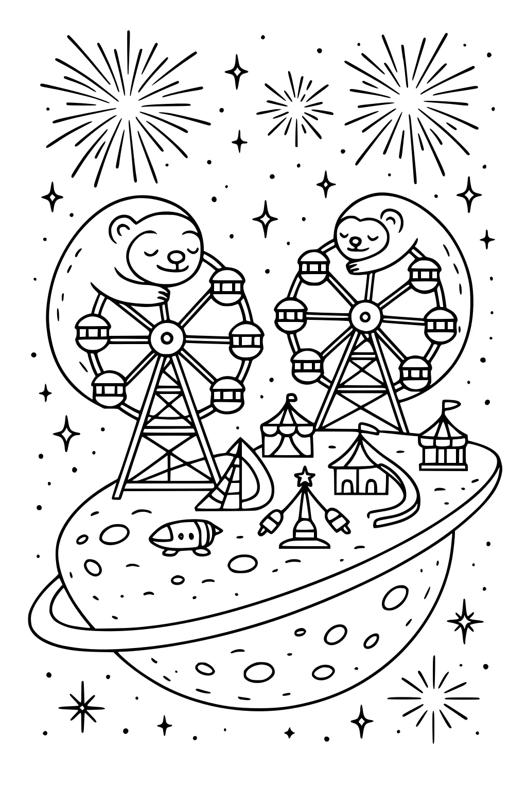 Two sloths holding Ferris wheels on a circus planet with tents, slides, stars, and fireworks in outer space.