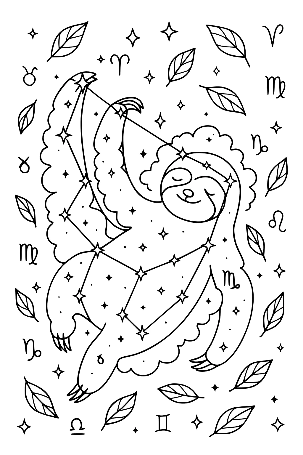 Sloth outlined with constellation stars, hanging with leaves, zodiac signs, and small star shapes around him.