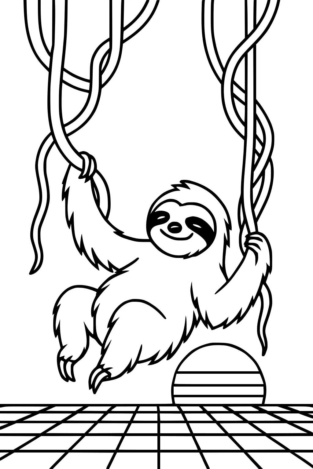 Smiling sloth hanging from vines with sun and grid floor in background.