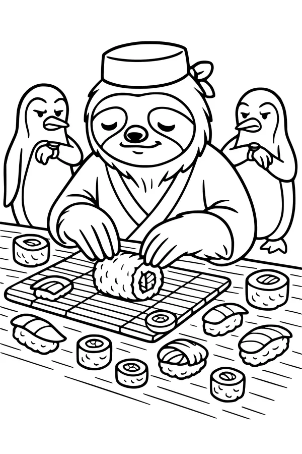 Free Sloth Coloring Page - Chef Sloth Making Sushi with Penguins (Printable PDF)