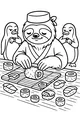 Free Sloth Coloring Page - Chef Sloth Making Sushi with Penguins (Printable PDF)