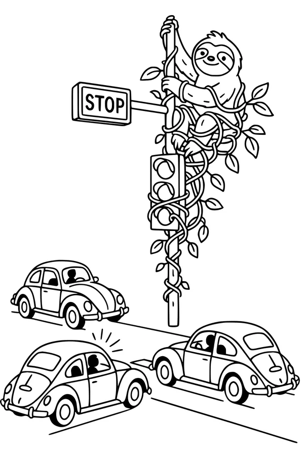Free Sloth Coloring Page - Climbing a Vine-Wrapped Traffic Light (Printable PDF)