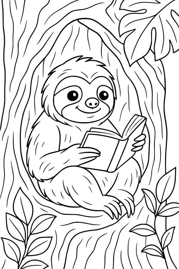 Free Sloth Coloring Page - Storytime in a Tree Hideout (Printable PDF)