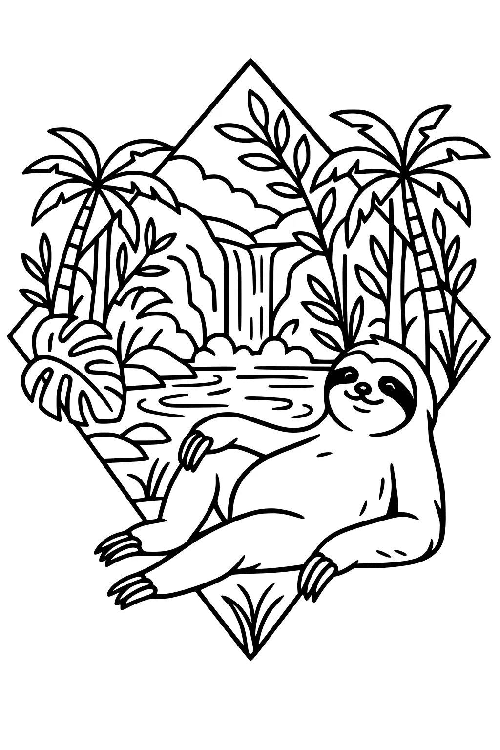 Drawing of a sloth lying on its back with trees, big leaves, a waterfall, and a pond in a jungle setting.