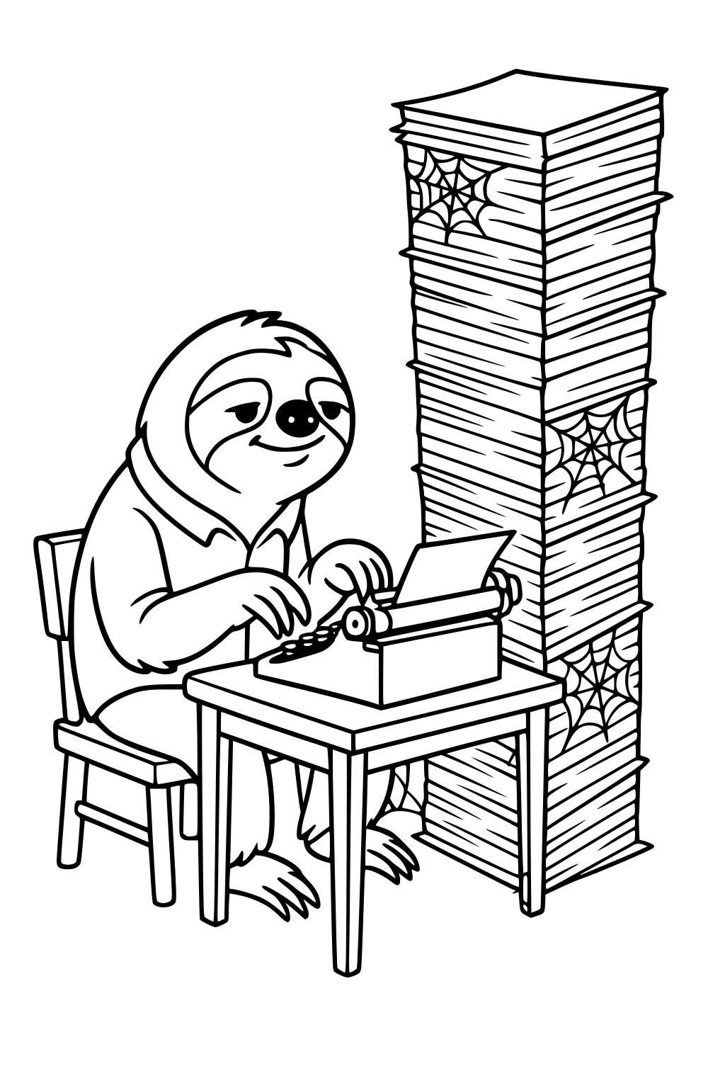 A sloth sits at a desk typing on a typewriter beside a huge stack of papers covered in spiderwebs.