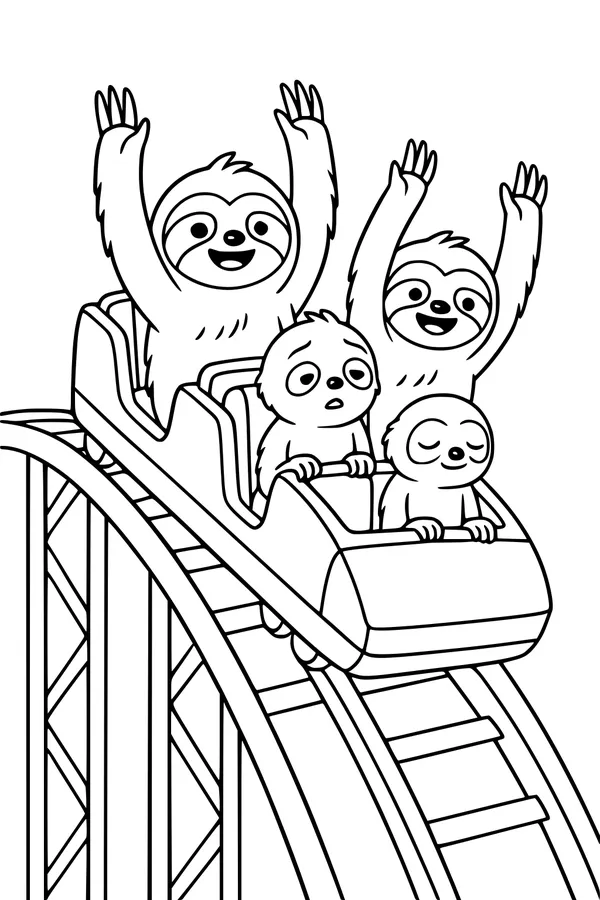 Free Sloth Coloring Page - Silly Sloths on a Roller Coaster (Printable PDF)
