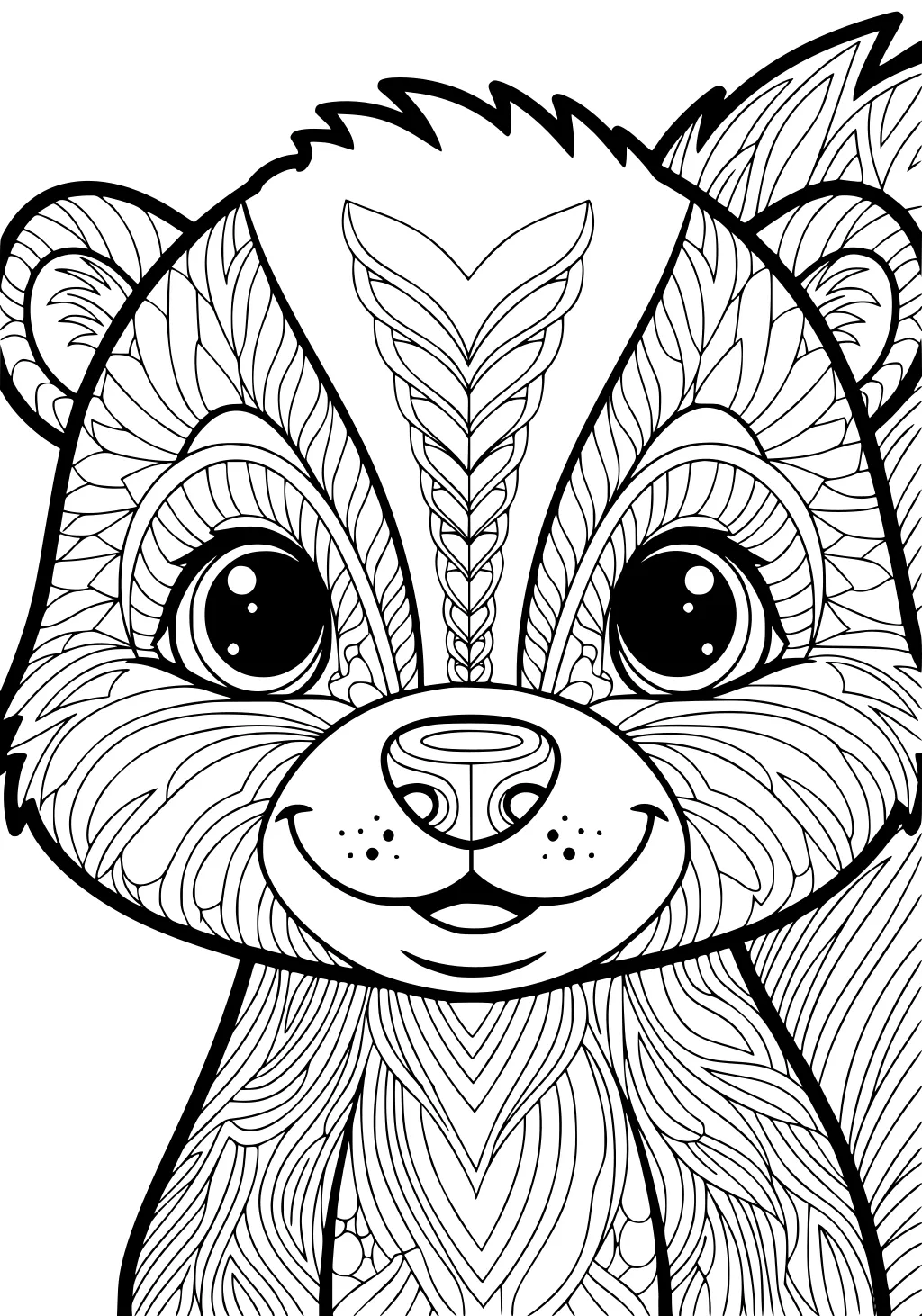Cartoon skunk face with round eyes, patterned fur, big smile, and fluffy ears, shown close up in black outlines.