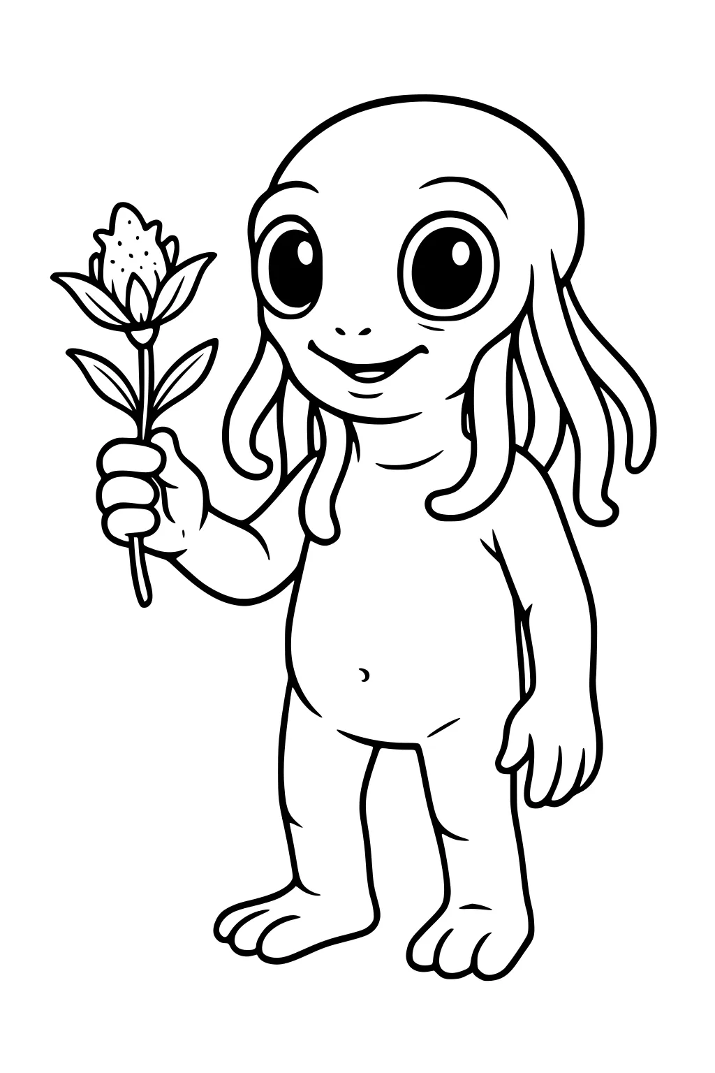 Smiling alien boy with big eyes and tentacle hair holding a flower with two leaves and a bud, standing barefoot with bold outline.