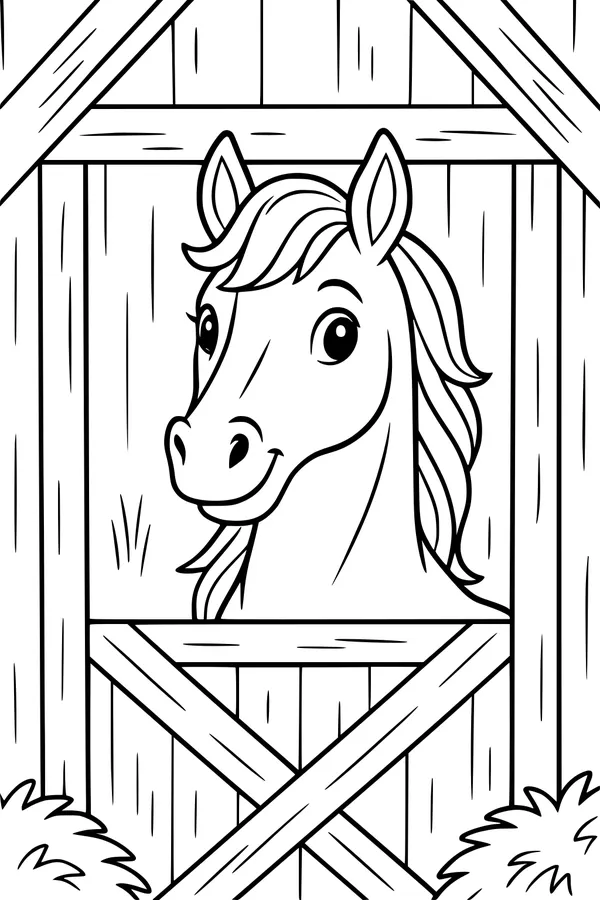 Free Horse Coloring Page - Smiling Barnyard Horse at the Door (Printable PDF)