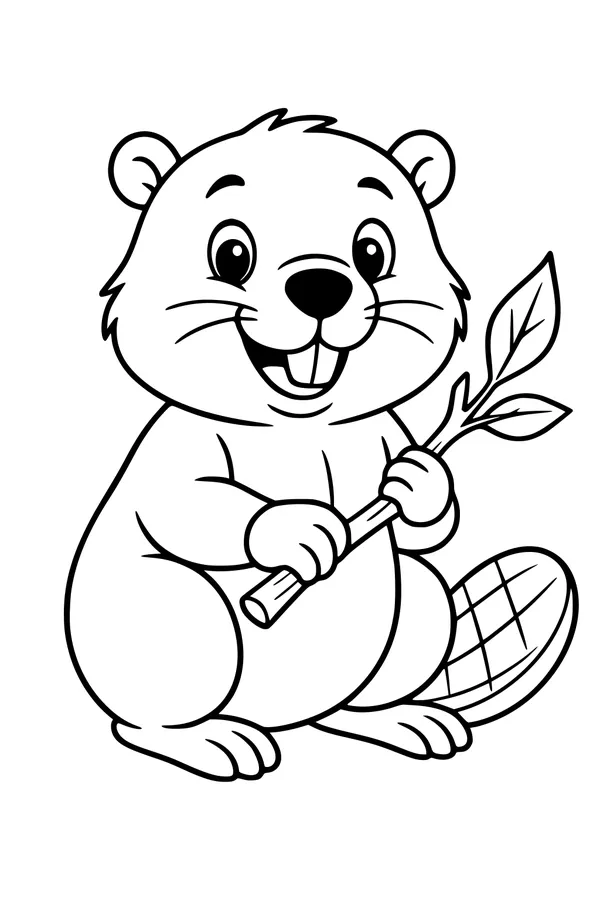 Free Beaver Coloring Page - Smiling Cartoon With Leafy Stick (Printable PDF)