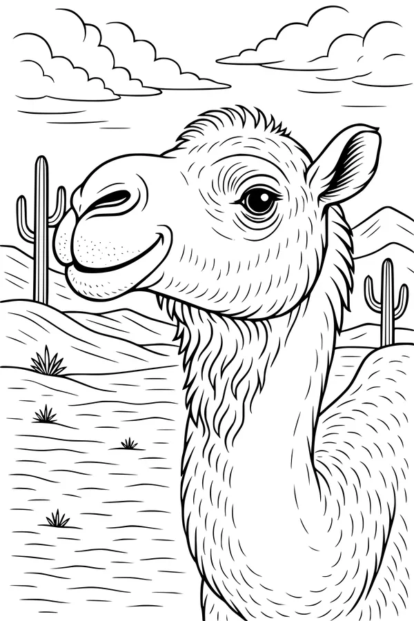Free Camel Coloring Page - Smiling Desert Camel Scene (Printable PDF)
