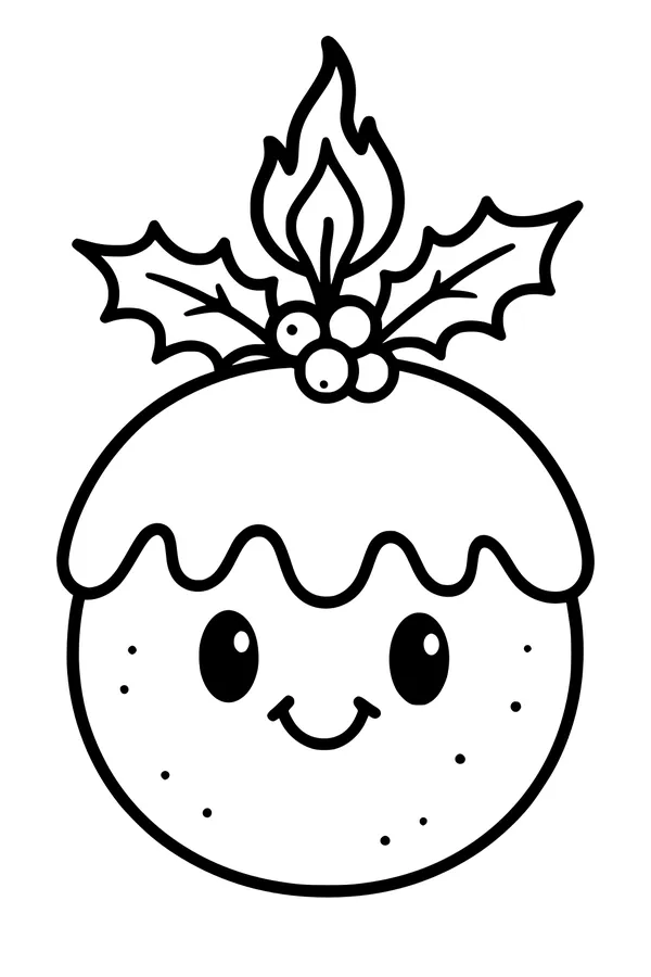 Free Christmas Pudding Coloring Page - Cute Holly Dessert With Flame (Printable PDF)