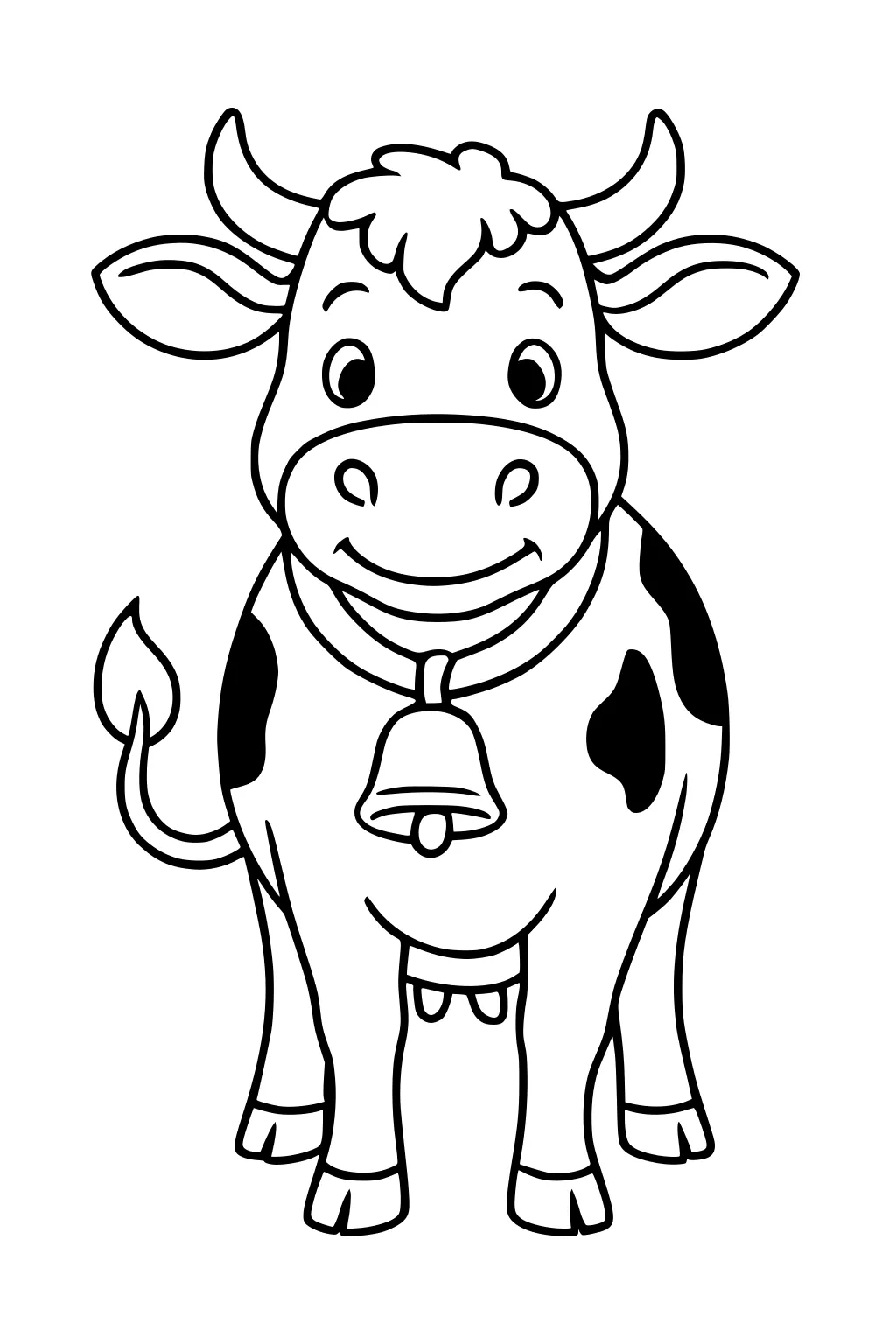 Cartoon cow with a bell around its neck, spots, curved horns, upright ears, smiling and facing forward.