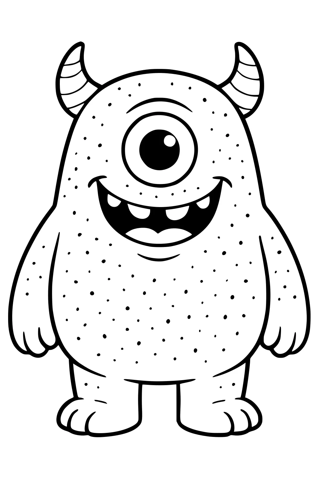 One-eyed cartoon monster with striped horns, big grin, small teeth, and a spotty round body, short arms and stubby three-toed feet.
