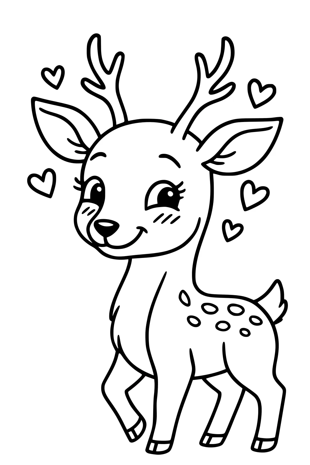 Cartoon girl deer fawn with antlers, spots, and floating hearts, smiling sweetly.