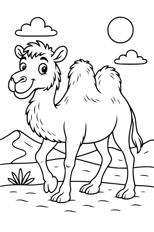 Free Camel Coloring Page - Smiling Cartoon Camel in Sunny Desert (Printable PDF)