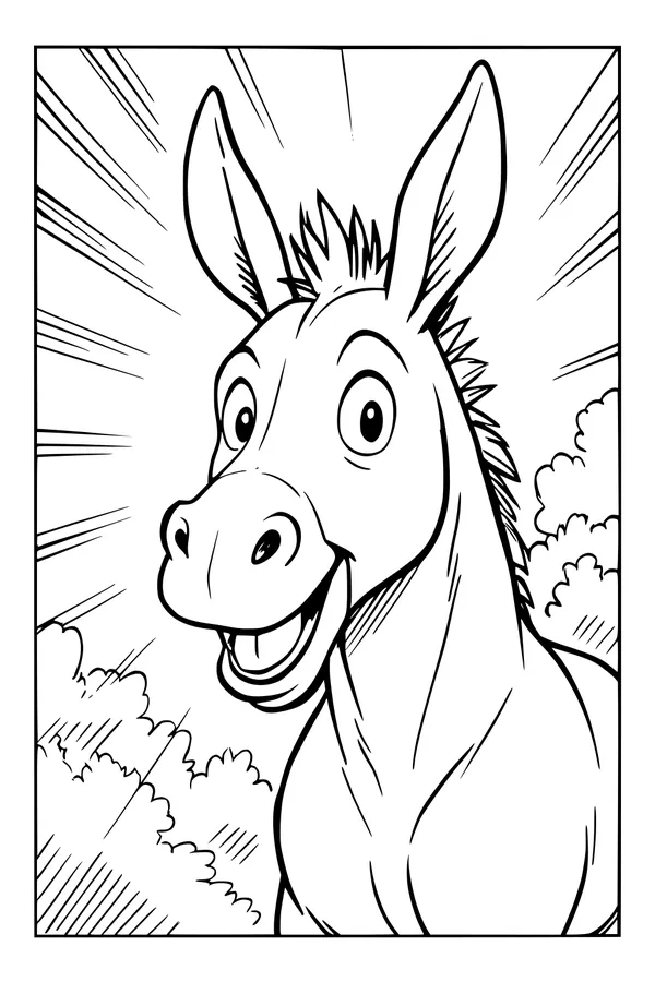 Free Donkey Coloring Page - Smiling Donkey in Sunny Sky (Printable PDF)