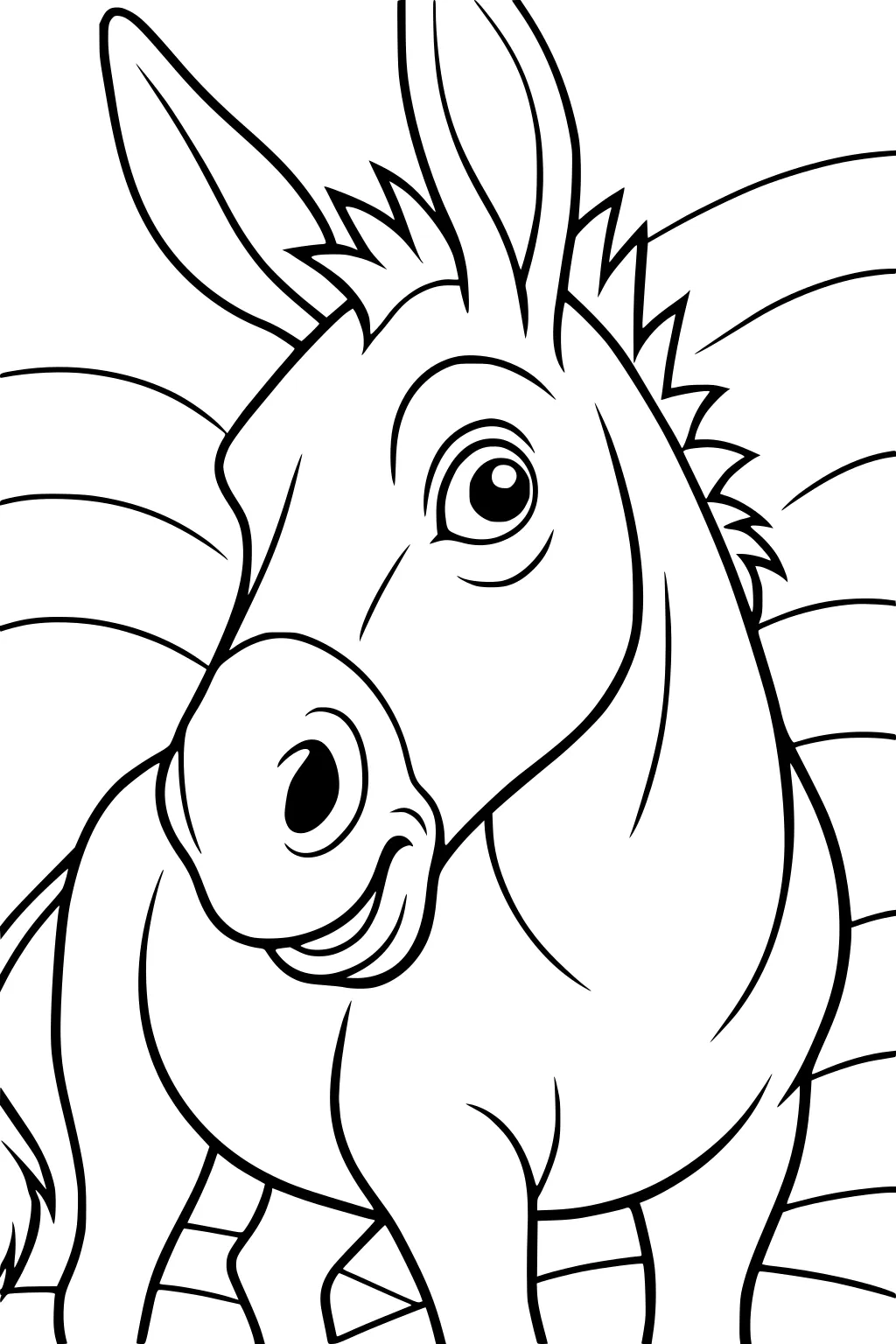 Cartoon donkey with big ears, round eyes, upright mane, and curved background lines.