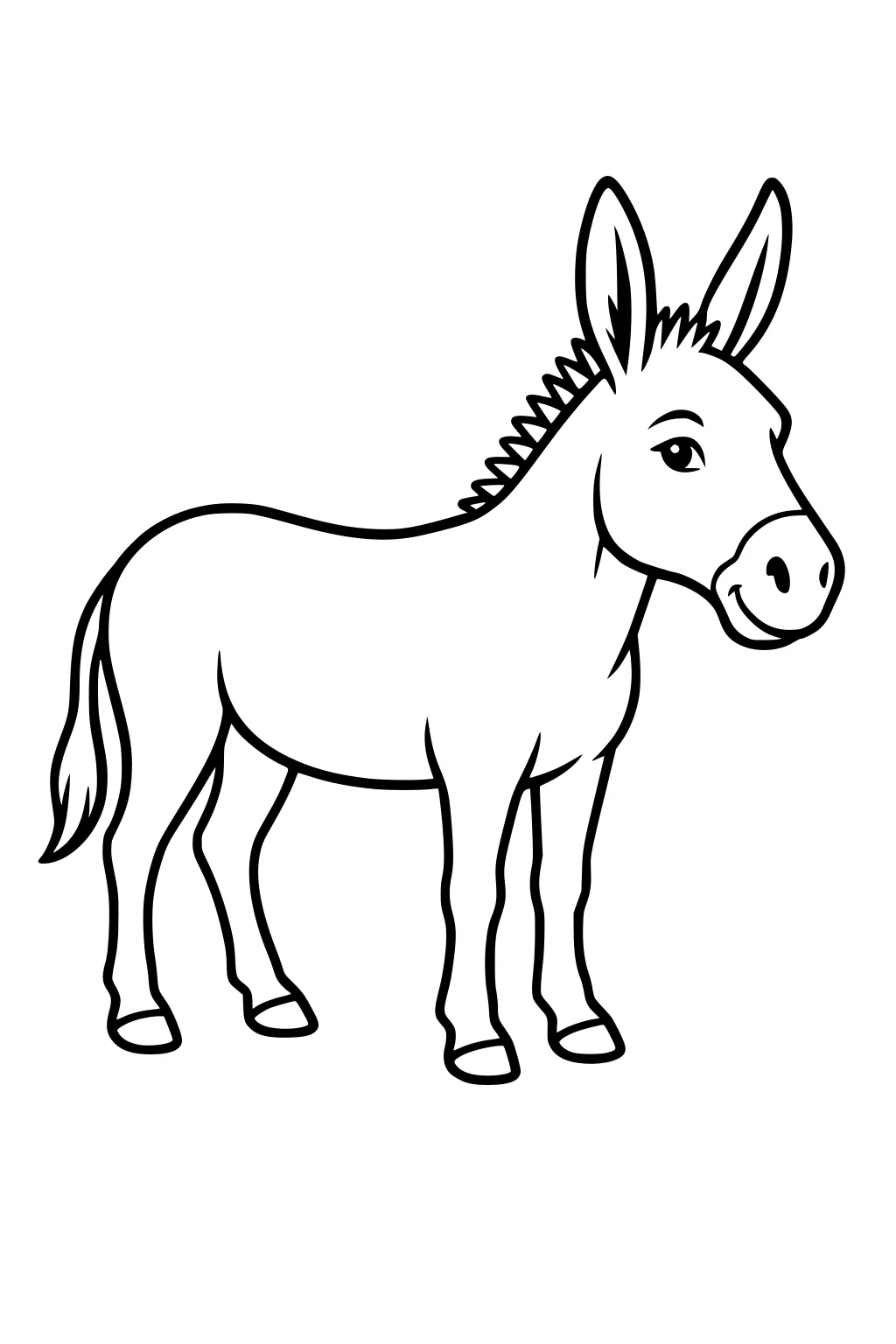Outlined drawing of a donkey with big ears, short mane, and a cheerful face, standing on all fours.