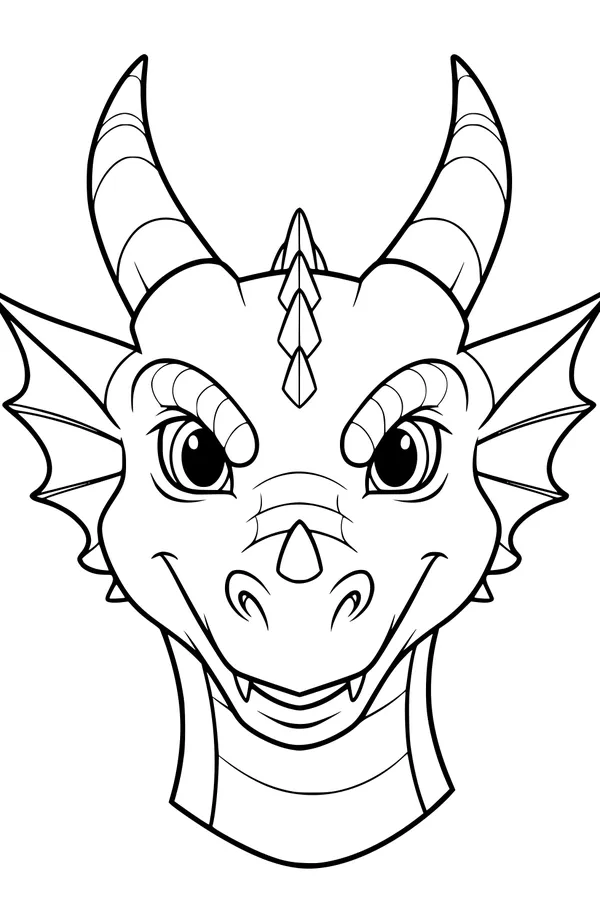 Free Dragon Coloring Page - Friendly Bright-Eyed Face With Big Horns (Printable PDF)