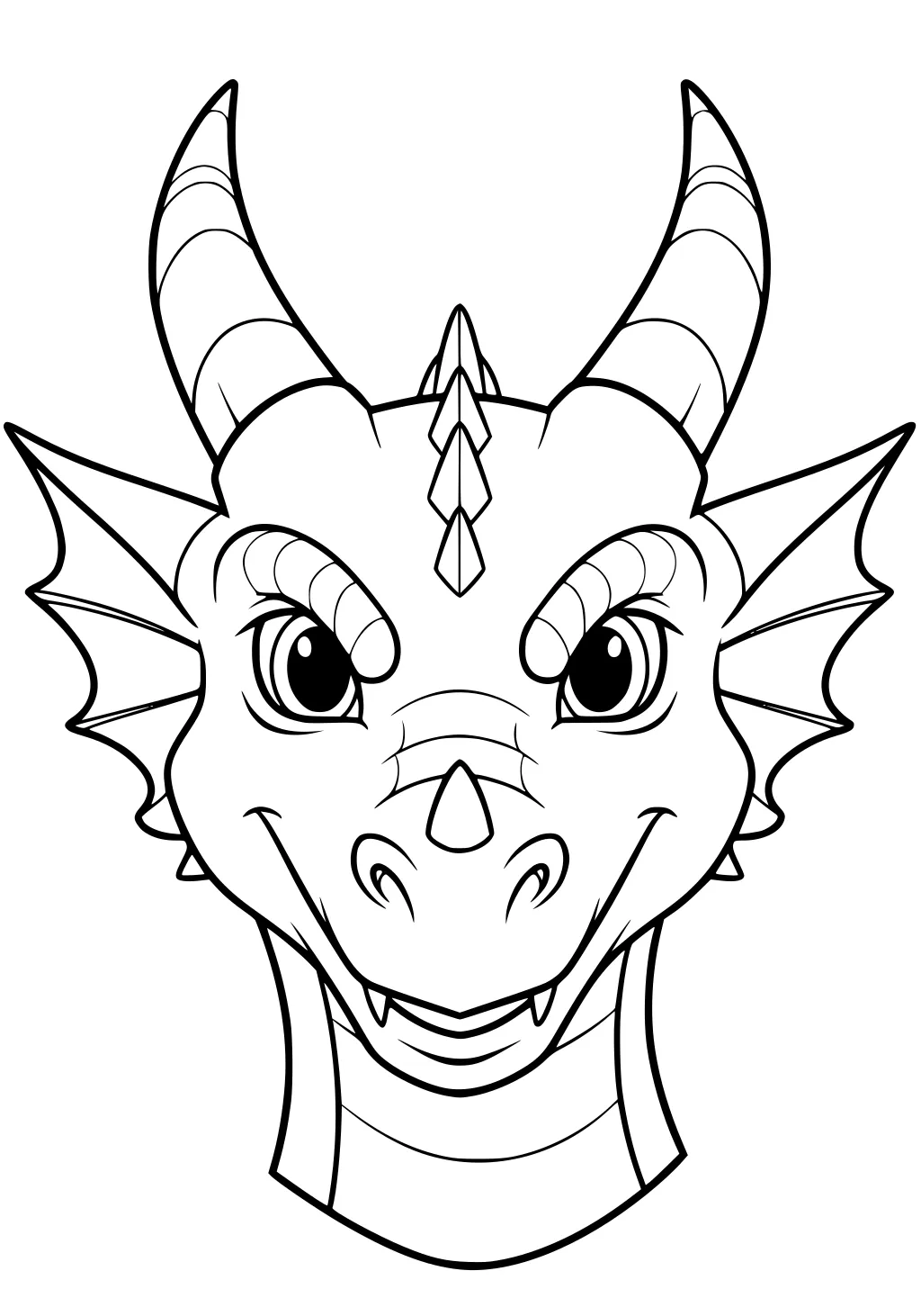 Smiling dragon head with striped horns, big eyes, cheek frills, and banded neck drawn in bold outlines.