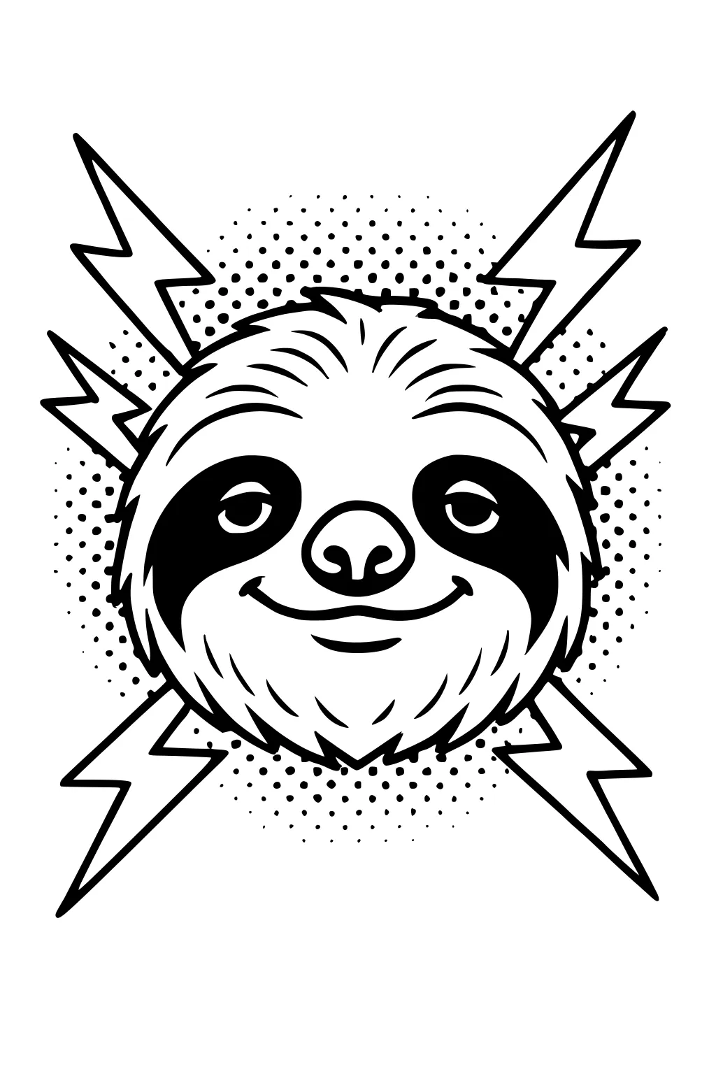 Smiling sloth face with furry cheeks and lightning bolts in the background, drawn in bold cartoon lines.