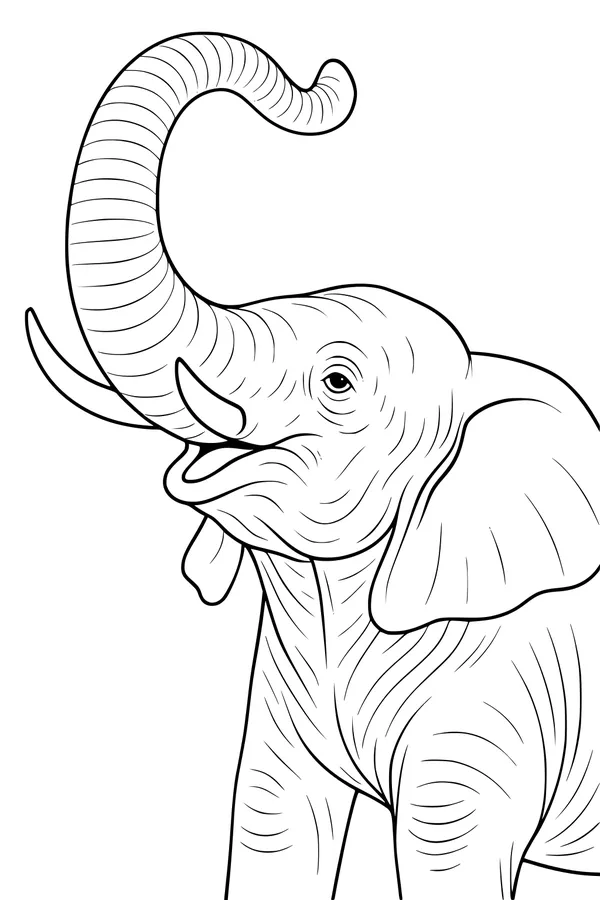 Free Elephant Coloring Page - Smiling Trunk Raised Close-Up (Printable PDF)