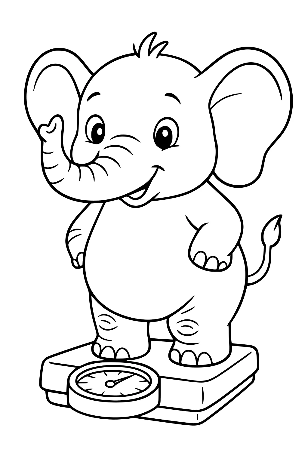 Happy cartoon elephant standing on a scale, trunk lifted, with big round ears and a wide smile.