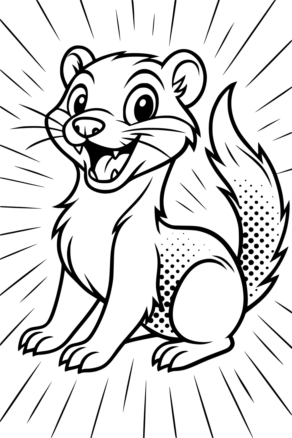 Smiling cartoon ferret sitting with bushy tail, dotted fur, and sunburst lines in the background.