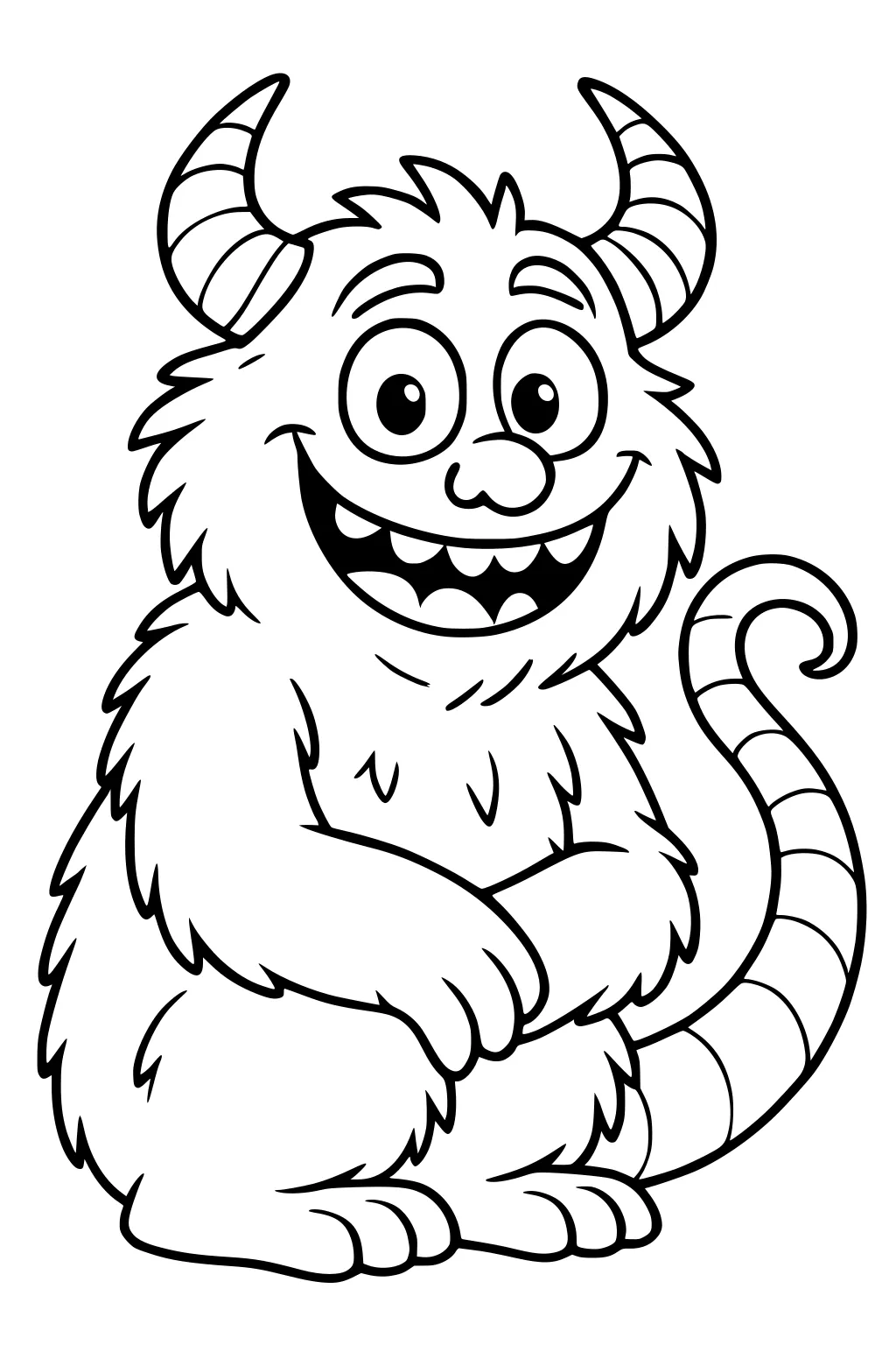 Smiling fluffy monster with striped horns, big eyes, wide toothy mouth, curled banded tail, and crossed paws, sitting front-facing.
