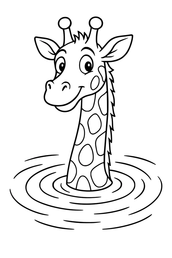 Free Giraffe Coloring Page - Smiling Cartoon Giraffe in Water (Printable PDF)
