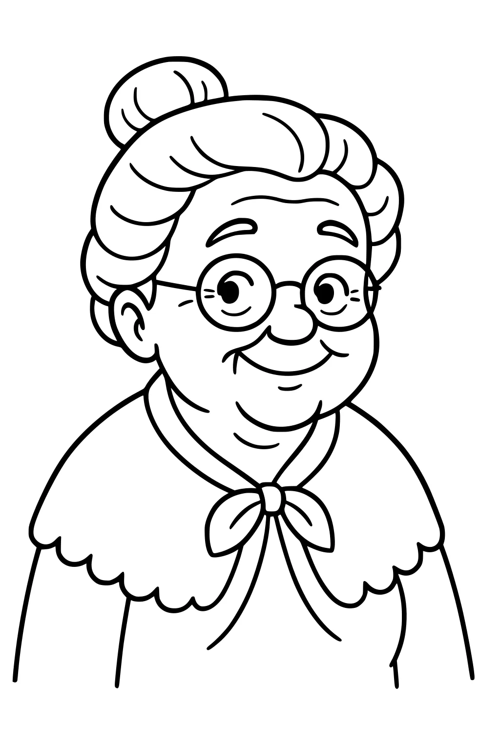 Smiling grandmother portrait with round glasses, hair in a bun, scalloped shawl and bow tie, simple cartoon line art.